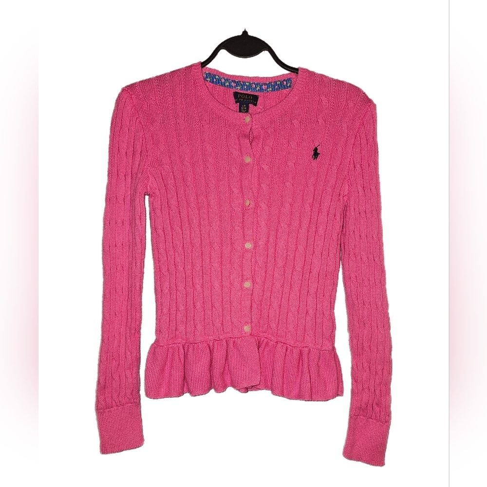 Ralph Lauren Fuchsia Ruffle Hem Cardigan